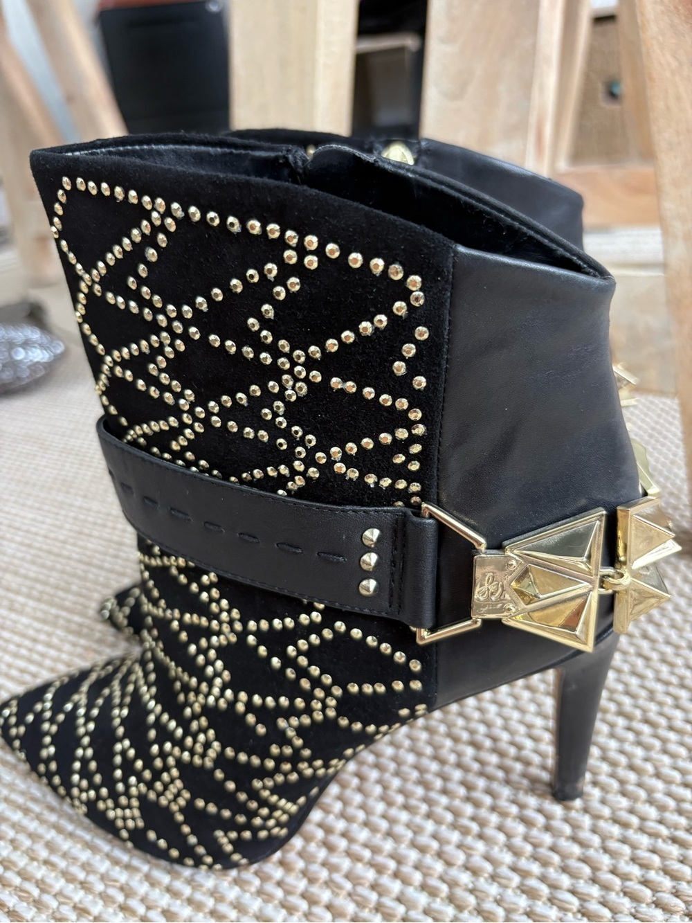 Sam Edelman Black Studded Pointed-Toe Ankle Booties with Gold Accents - Picture 3 of 11